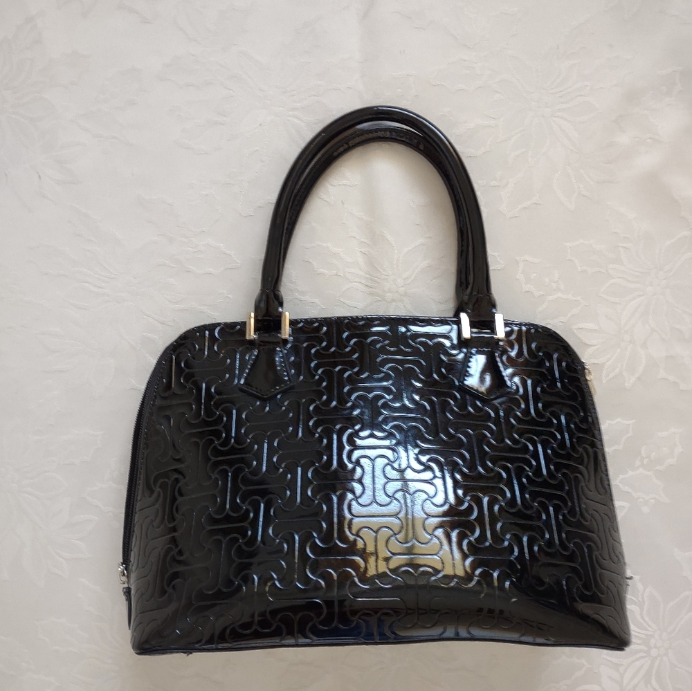 Bravo Beverly Hills calfskin leather enamel coated black handbag